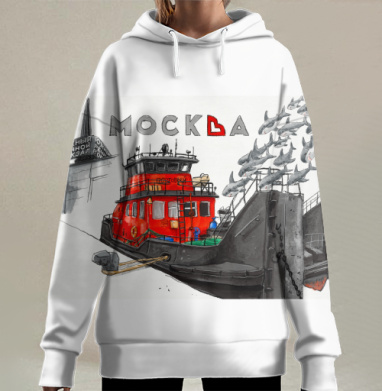 Red Harbor Tugboat Moscow - Красный портовый буксир Москва у Южного речного вокзала, Hoodie Long Oversize 3D