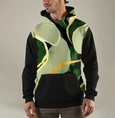 Золотые изгибы на зеленом анималистичном фоне / Golden curves on green animal background, Толстовка мужская Regular 3D