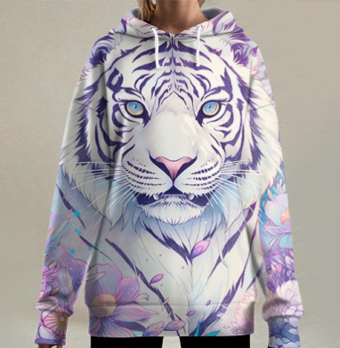 Белый тигр в цветах, Hoodie Long Oversize 3D
