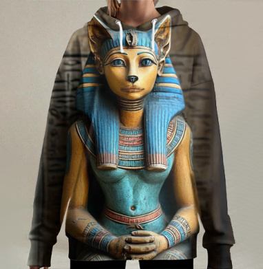 Золотая египетская кошка Бастет в короне фараона богиня древний декор, Hoodie Long Oversize 3D