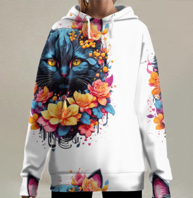 Синий кот с цветами венок нежный образ, Hoodie Long Oversize 3D