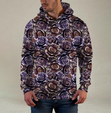 Purple Rose Pattern – Темно-фиолетовые розы создают изысканный цветочный паттерн, Худи / Мужская / С карманом / 3D