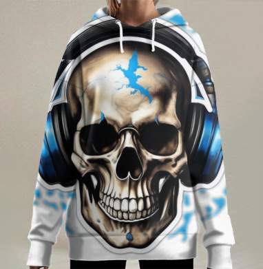 Череп в наушниках с синим акцентом рок навсегда на веки вечные, Hoodie Long Oversize 3D
