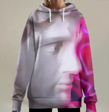 Мраморное лицо с неоновым сердцем в ярких цветах любви, Hoodie Long Oversize 3D