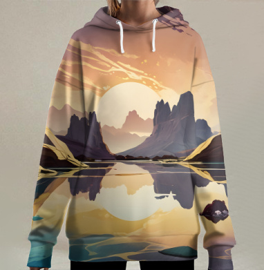 Величественный золотистый горный закат у тихого озера отражение в воде, Hoodie Long Oversize 3D
