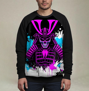 Neon Cyber Samurai Warrior / Самурай Череп в ярких брызгах краски, Свитшот мужской 3D / хлопок