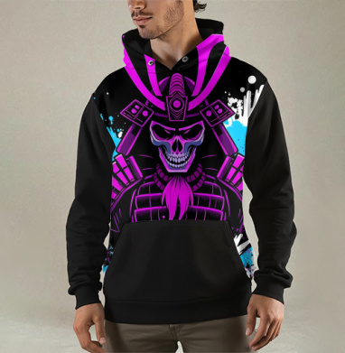 Neon Cyber Samurai Warrior / Самурай Череп в ярких брызгах краски, Толстовка мужская Regular 3D