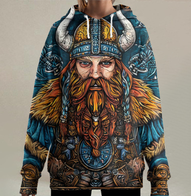 Суровый скандинавский воитель в рогатом шлеме Могучий викинг воин север, Hoodie Long Oversize 3D