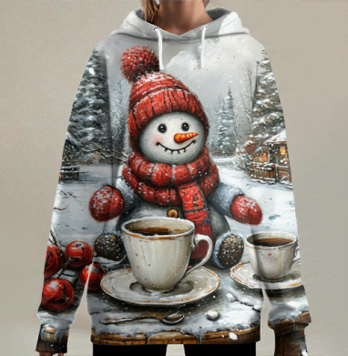 Уютный снеговик пьет горячий напиток зимой, Hoodie Long Oversize 3D