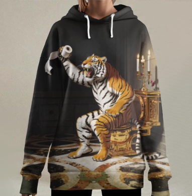 Тигр сидит на унитазе, Hoodie Long Oversize 3D