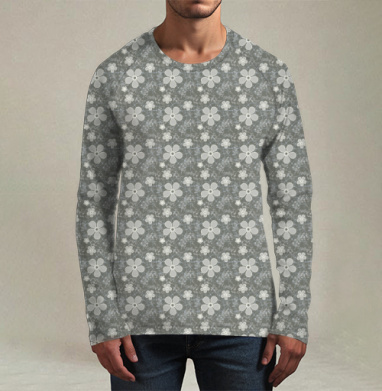 Grey Daisy Floral / Серые маргаритки цветы — Паттерн серые маргаритки цветы, Футболка мужская лонгслив 3Д