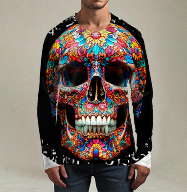 Floral Skull - Цветочный мексиканский череп яркий красочный декор, Футболка мужская лонгслив 3Д