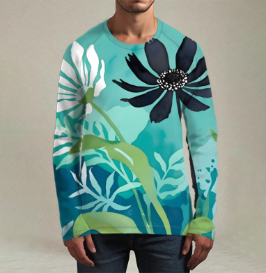 Modern Teal Floral Composition / Абстрактная бирюзовая цветочная композиция, Футболка мужская лонгслив 3Д