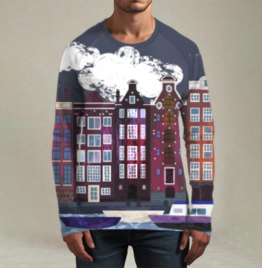 Вечерние дома Амстердама Amsterdam houses на фоне ночного города, Футболка мужская лонгслив 3Д