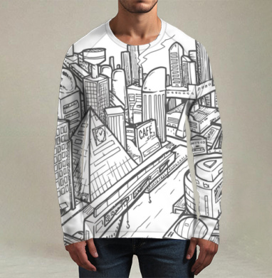 Плотный городской коллаж с зданиями и вывеской CAFE/КАФЕ каждый уголок занят, Футболка мужская лонгслив 3Д