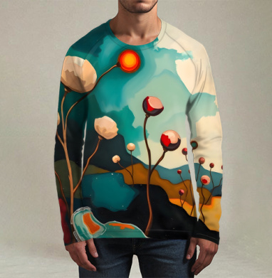 Surreal Flower Garden Абстрактные цветы тянутся к сияющему теплому солнцу, Футболка мужская лонгслив 3Д