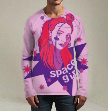 Девушка с красными волосами и космосом вокруг space girl, Футболка мужская лонгслив 3Д