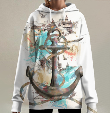 Якорь надежды на фоне восточного городского пейзажа, Hoodie Long Oversize 3D