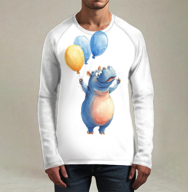 Watercolor Blue Hippo with Balloons / Акварельный бегемот с шариками, Футболка мужская лонгслив 3Д