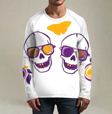 Два черепа в очках с бабочками и цветами дружные черепа, Футболка мужская лонгслив 3Д