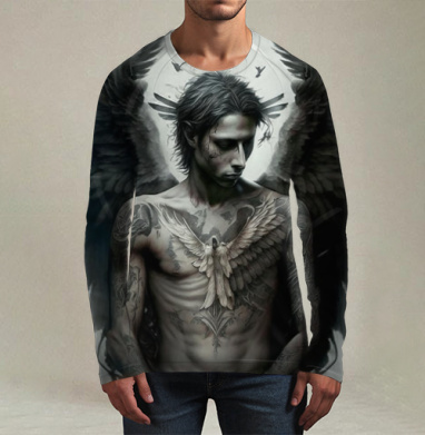 Мрачный ангел задумчивый парень с крыльями спиной, Футболка мужская лонгслив 3Д