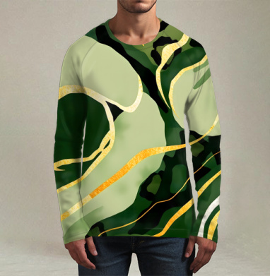 Золотые изгибы на зеленом анималистичном фоне / Golden curves on green animal background, Футболка мужская лонгслив 3Д