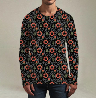Этнический узор с сердцами и растениями / Ethnic Pattern Style, Футболка мужская лонгслив 3Д