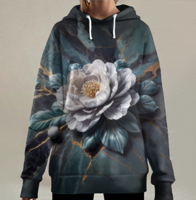Великолепный пышный белый пион на темном изумрудном мраморе с золотом, Hoodie Long Oversize 3D