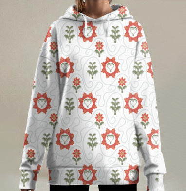 Heart Flower Pattern – Сердечный цветочный орнамент на черном фоне, Hoodie Long Oversize 3D