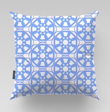 Blue Geometric Tile Pattern / Синий Геометрический Узор синий серый орнамент, Подушка велюр плюшевая 45х45