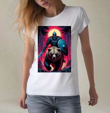 Viking Warrior Bear / Викинг на медведе в стиле ретроволна медведь воин фэнтези, Футболка женская белая 180гр