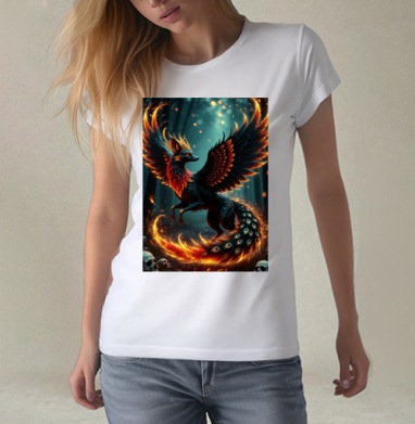 Fire Fox Phoenix Hybrid – Огненная лиса феникс в лесу мистический дух природы, Футболка женская белая 180гр