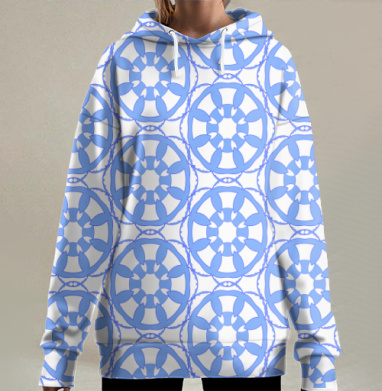 Blue Geometric Tile Pattern / Синий Геометрический Узор синий серый орнамент, Hoodie Long Oversize 3D
