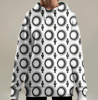 Узор с кольцами и сферами Geometric pattern and black spheres, Hoodie Long Oversize 3D