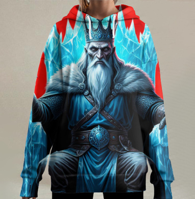 Powerful Eternal Ice King Sitting On Throne - Вечный Ледяной Король Трон, Hoodie Long Oversize 3D