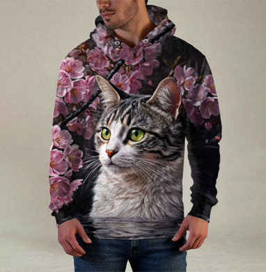 Cat in sakura – Полосатый кот среди розовых лепестков Кот сакура вишня, Худи / Мужская / С карманом / 3D