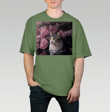Cat in sakura – Полосатый кот среди розовых лепестков Кот сакура вишня, Футболка мужская оверсайз оливковая