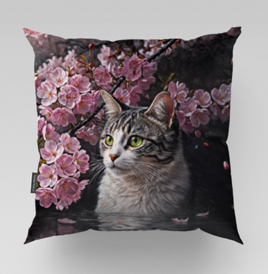 Cat in sakura – Полосатый кот среди розовых лепестков Кот сакура вишня - Магазин футболок AnnArtshock - Дизайнерские принты, Подушки