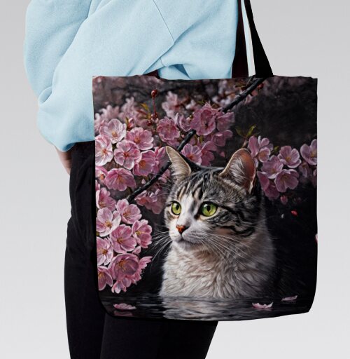 Cat in sakura – Полосатый кот среди розовых лепестков Кот сакура вишня - Магазин футболок AnnArtshock - Дизайнерские принты