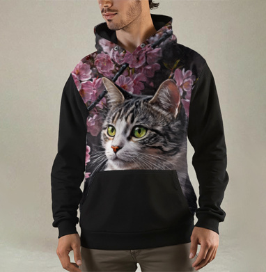 Cat in sakura – Полосатый кот среди розовых лепестков Кот сакура вишня, Толстовка мужская Regular 3D
