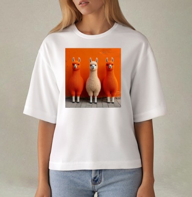 Llamas in orange sweaters / Ламы в ярких свитерах у оранжевой стены - Магазин футболок jestkrd