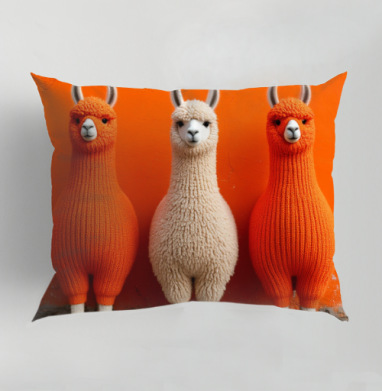 Llamas in orange sweaters / Ламы в ярких свитерах у оранжевой стены, Подушка декоративная 50х70 см