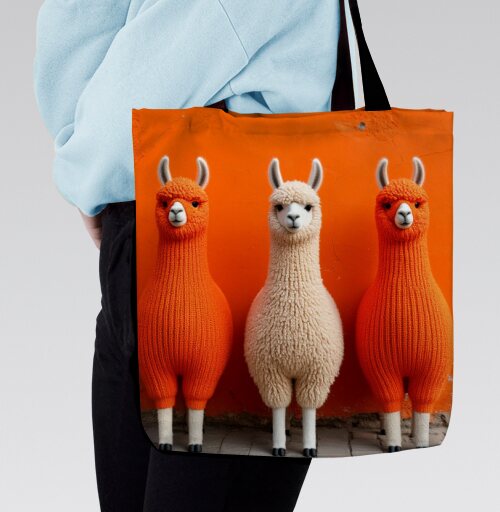 Llamas in orange sweaters / Ламы в ярких свитерах у оранжевой стены, Сумка с ручкой и внутренним карманом на молнии