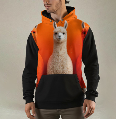 Llamas in orange sweaters / Ламы в ярких свитерах у оранжевой стены, Толстовка мужская Regular 3D