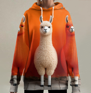 Llamas in orange sweaters / Ламы в ярких свитерах у оранжевой стены, Hoodie Long Oversize 3D