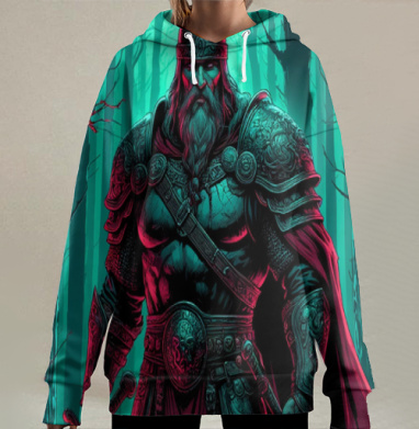 Могучий северный воитель в тяжелых латах мистический лесной воин, Hoodie Long Oversize 3D