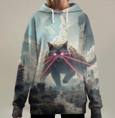 Гигантский кот с лазером из глаз атакует город, Hoodie Long Oversize 3D