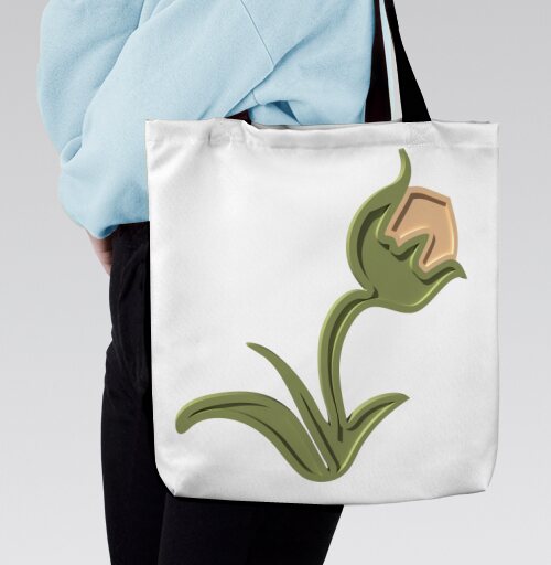 Зеленый объемный тюльпан на черном фоне / Stylized green tulip 3D, Сумка с ручкой и внутренним карманом на молнии