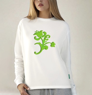 Green 3D flower / Зеленый объемный цветок современном стиле фольклора, Футболка лонгслив женская белая