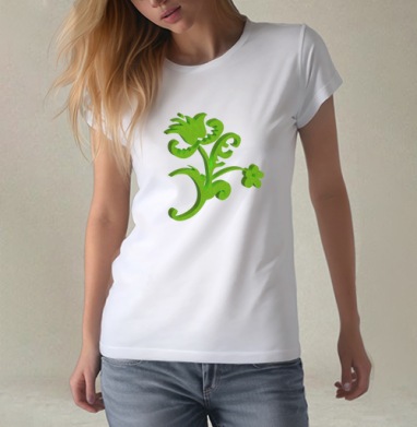 Green 3D flower / Зеленый объемный цветок современном стиле фольклора, Футболка женская белая 180гр